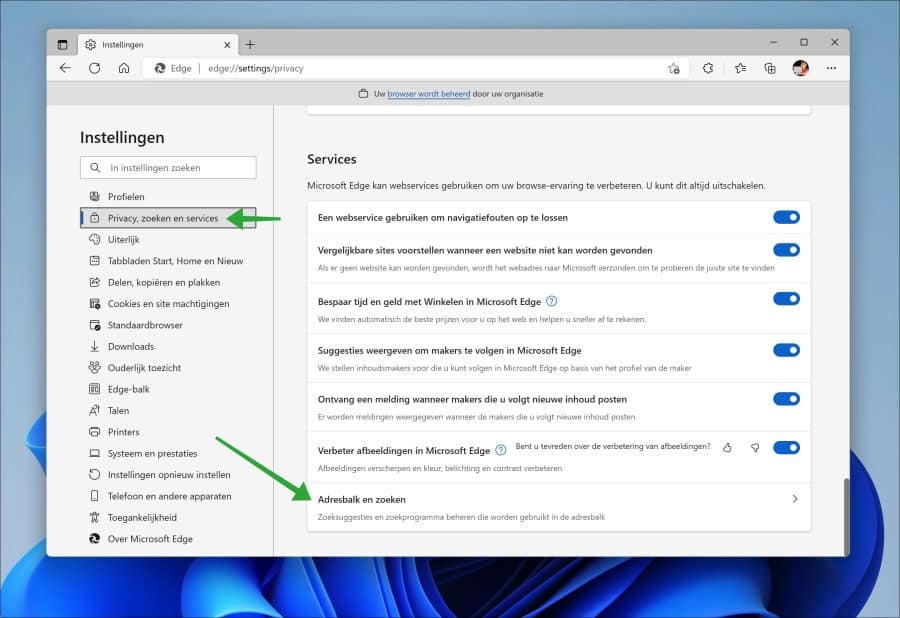 Adresbalk en zoeken instellingen in de Microsoft Edge browser