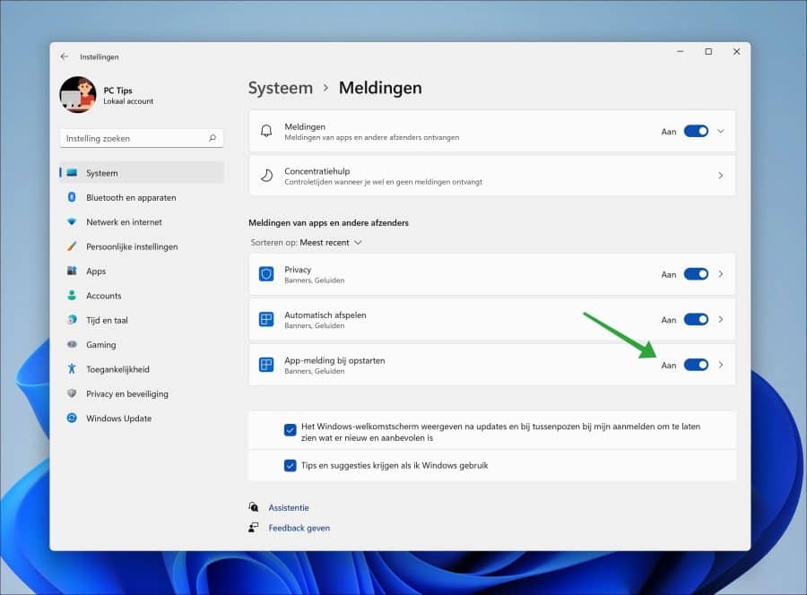 App-meldingen bij opstarten inschakelen in Windows 11