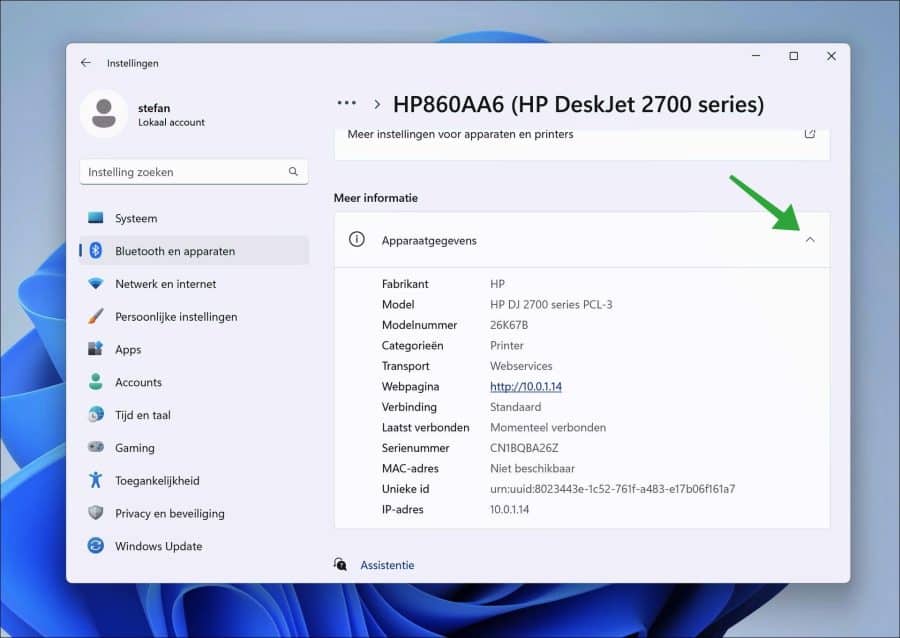 Apparaatgegevens printer in Windows 11