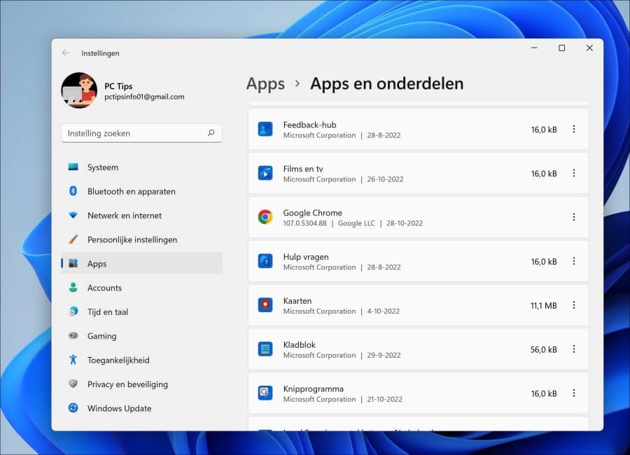 Apps en onderdelen