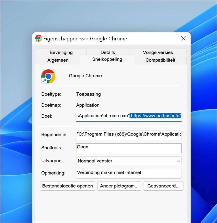 Chrome snelkoppeling op het bureaublad aanpassen zodat deze een website opent