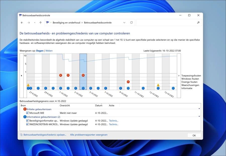 De betrouwbaarheids- en probleemgeschiedenis van uw computer controleren
