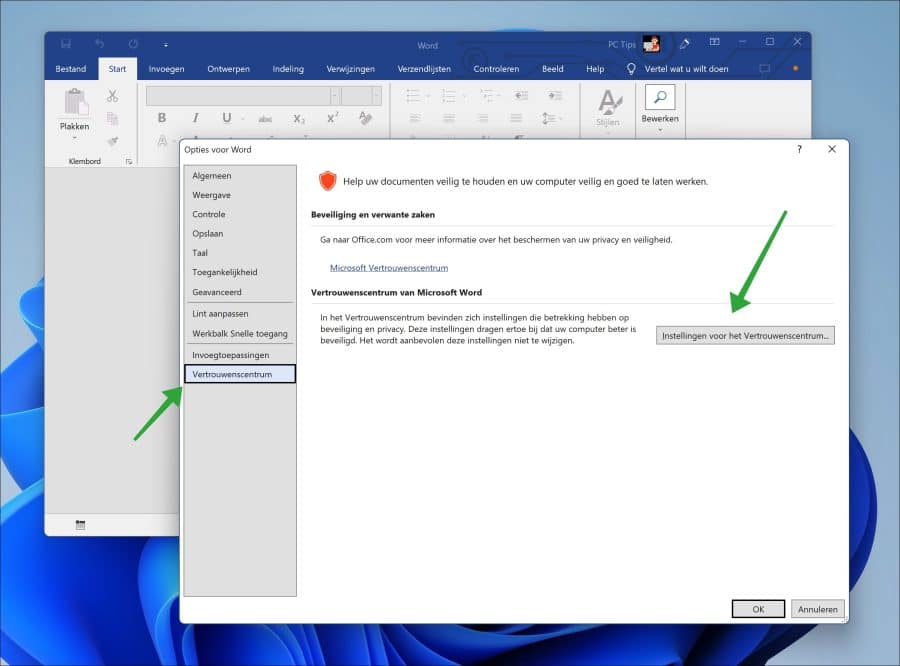 Instellingen voor het vertrouwenscentrum openen in Word