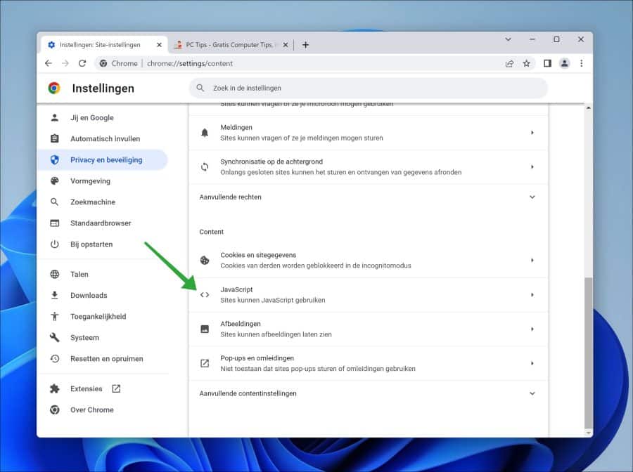 JavaScript instellingen in Google Chrome