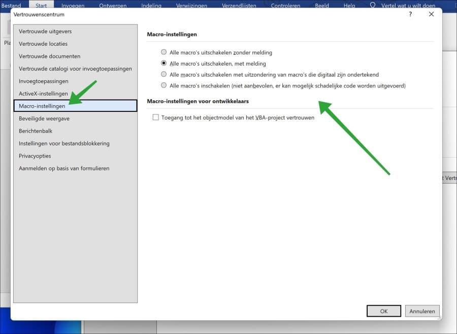 Macro-instellingen in Word