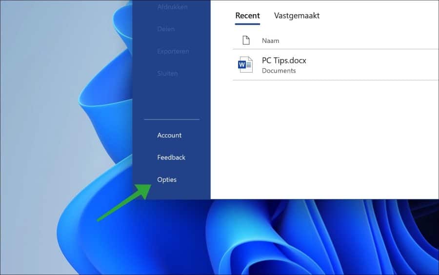 Microsoft Word opties openen