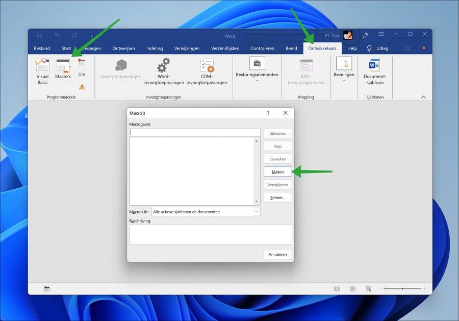 Ontwikkelaars menu in Word om macros te maken