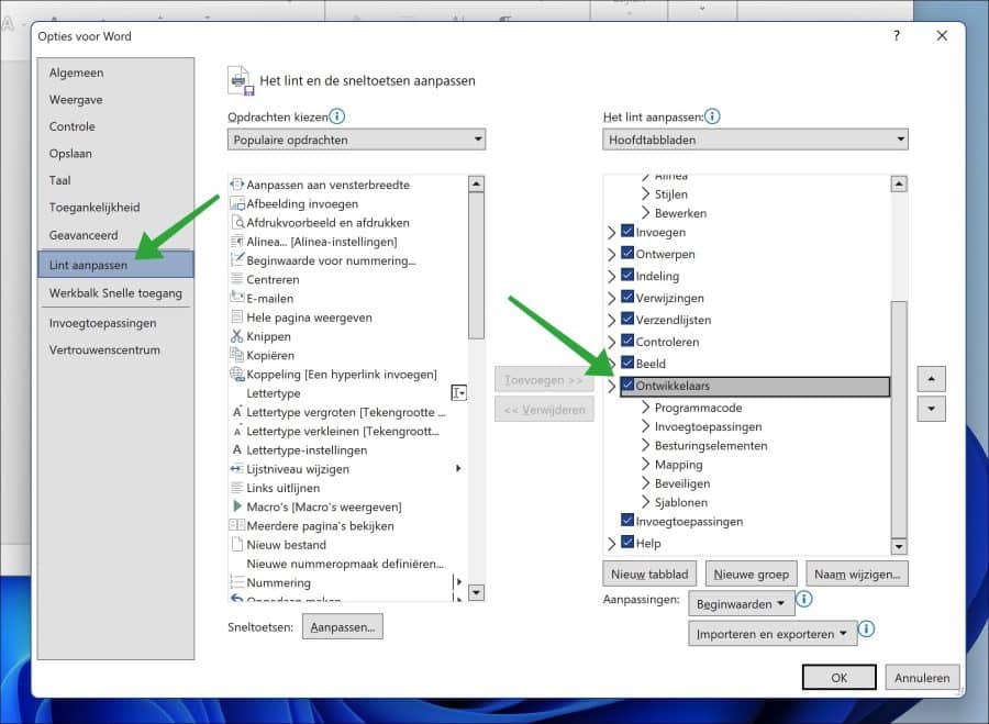 Ontwikkelaars menu inschakelen in Microsoft Word