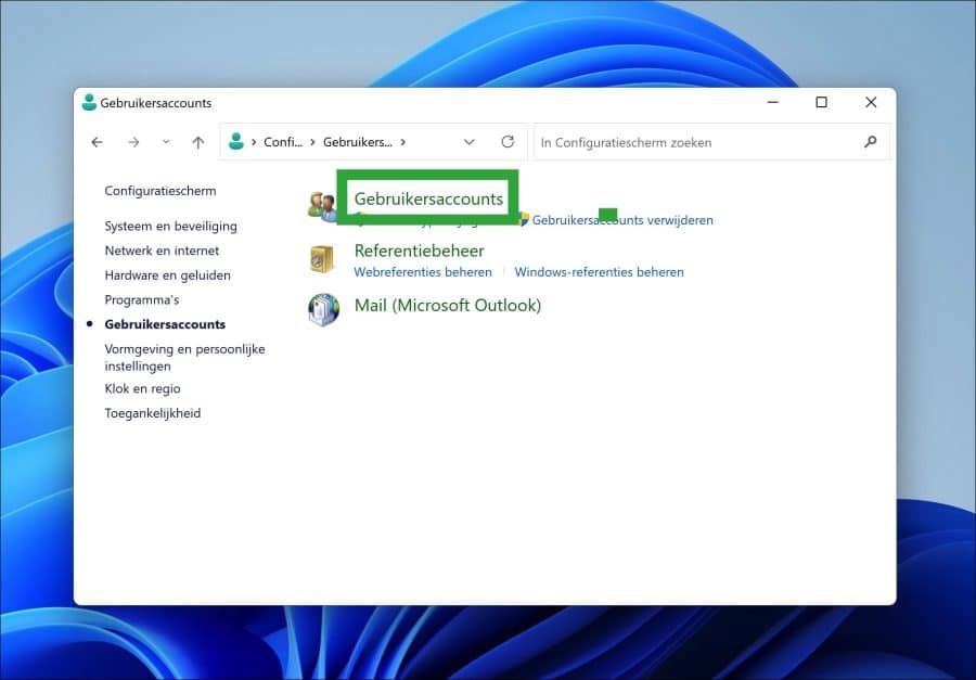 Open user accounts settings in Windows 11