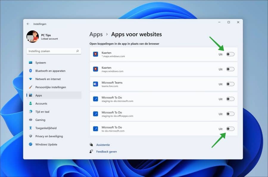 Open koppelingen in browser in plaats van de app voor Windows 11