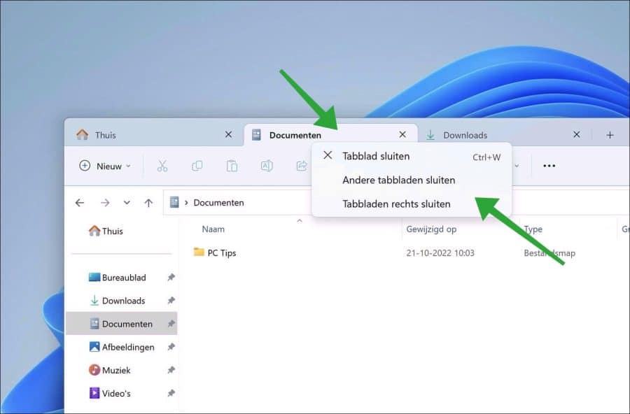 Opties om tabblad te sluiten in de Windows verkenner