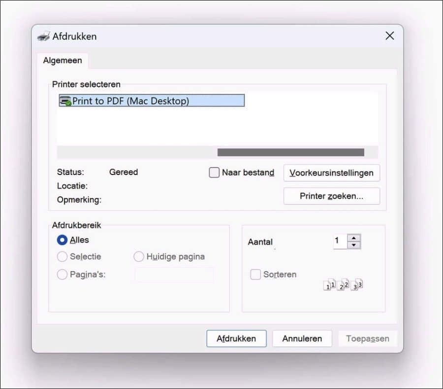 Oude printer dialoog in Windows 11 22h2