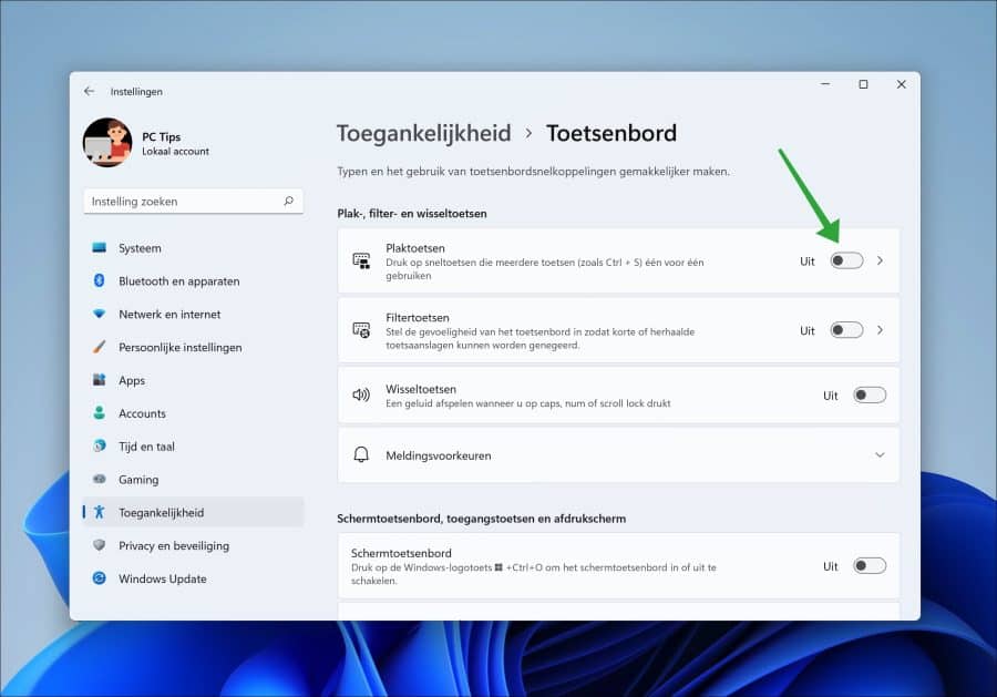 Plaktoetsen uitschakelen in Windows 11