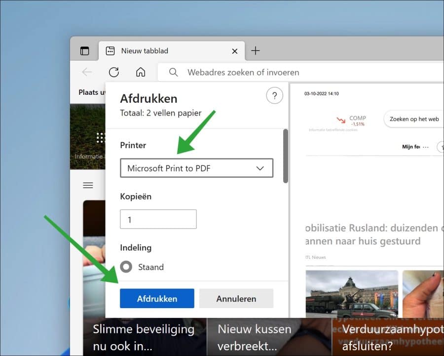 Print website naar PDF via Microsoft Edge browser