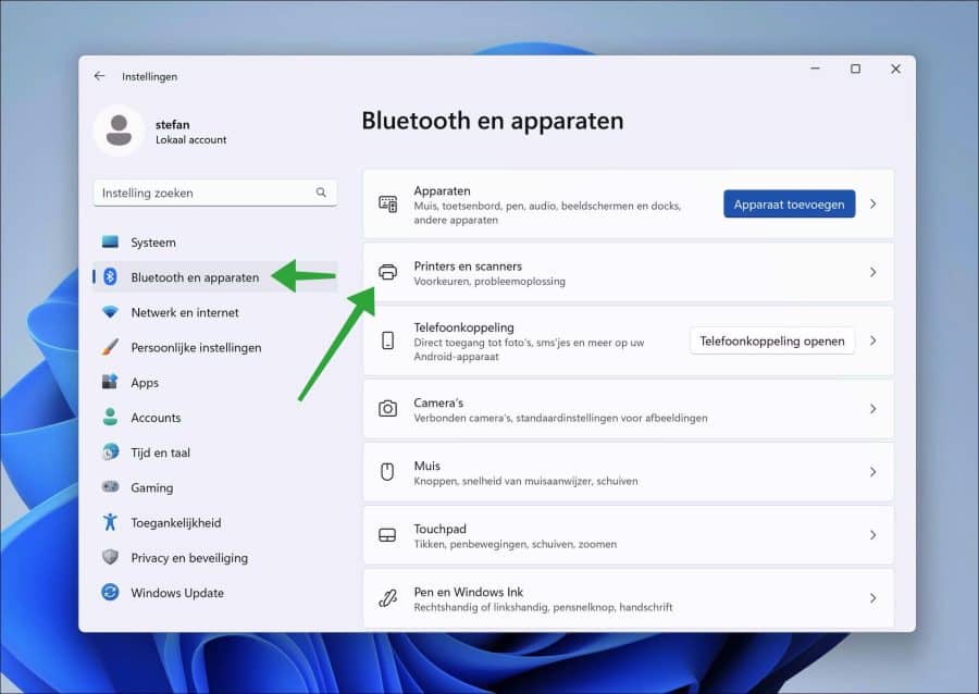 Printers en scanners instellingen in Windows 11