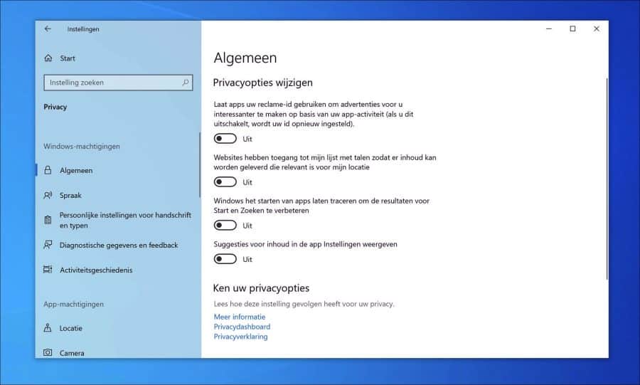 Privacyopties wijzigen in Windows 10