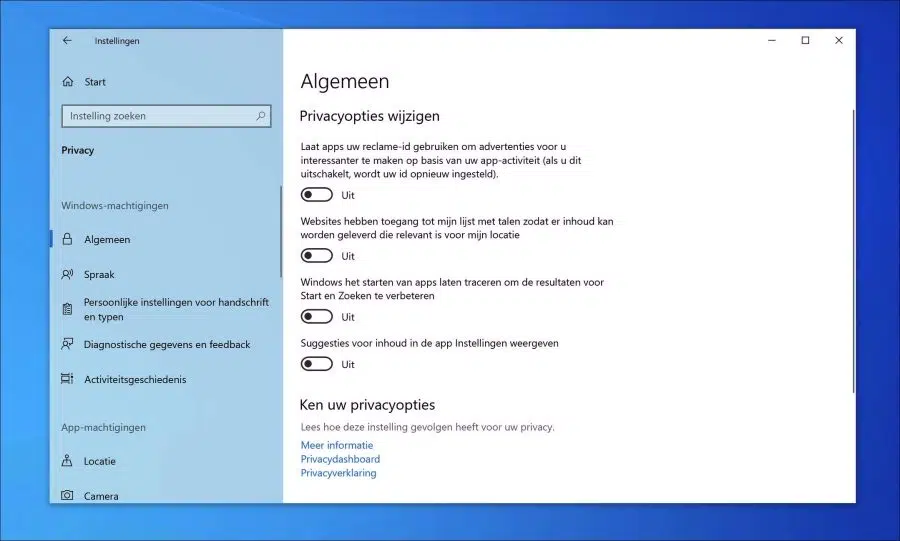 Privacyopties wijzigen in Windows 10