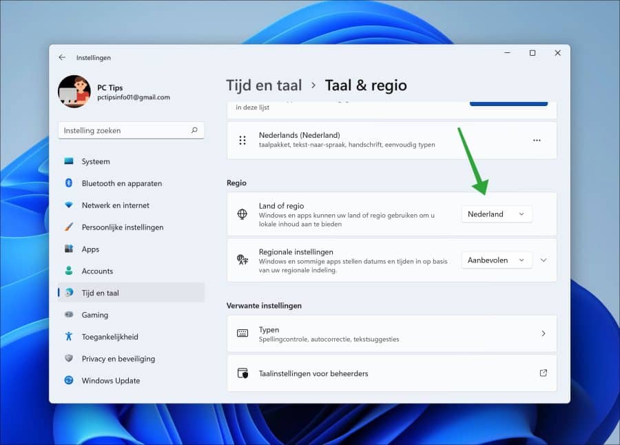 Regio wijzigen in Windows 11