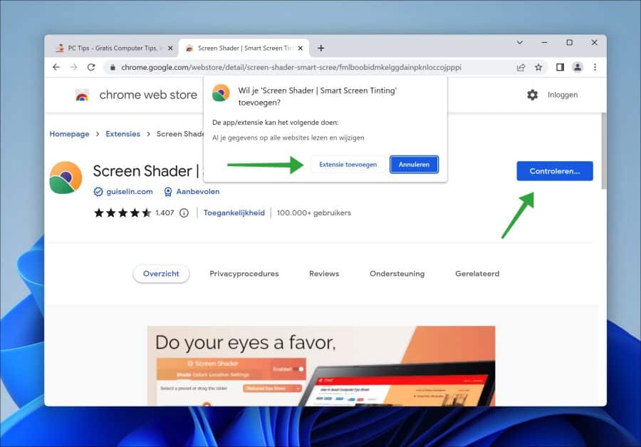 Screen shader voor Google chrome extensie toevoegen