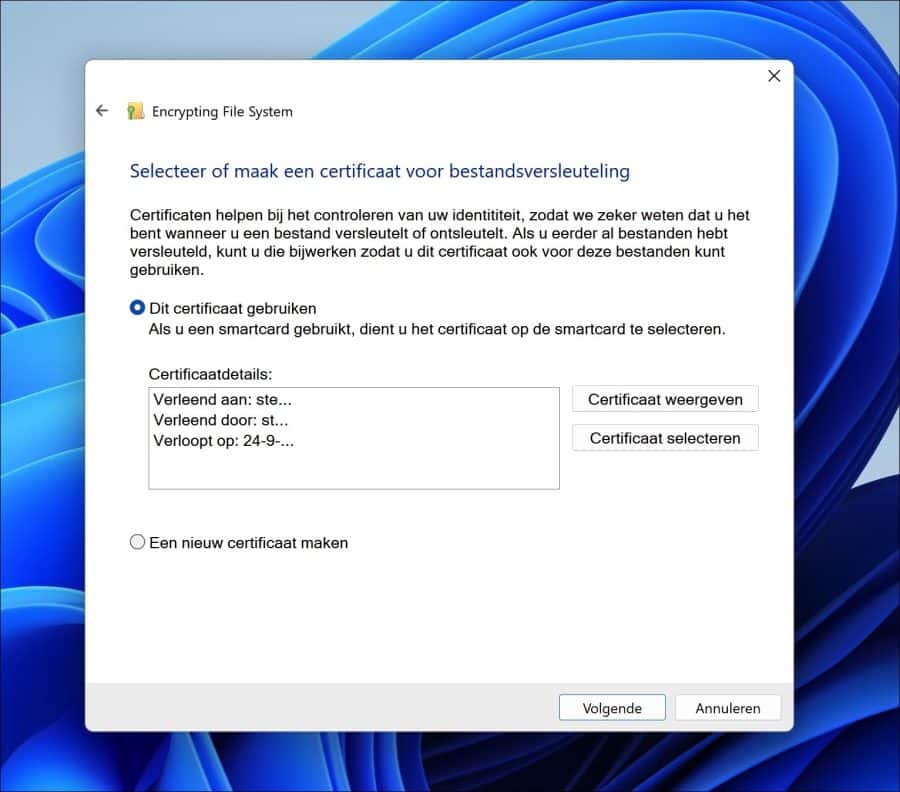 Select or create a file encryption certificate