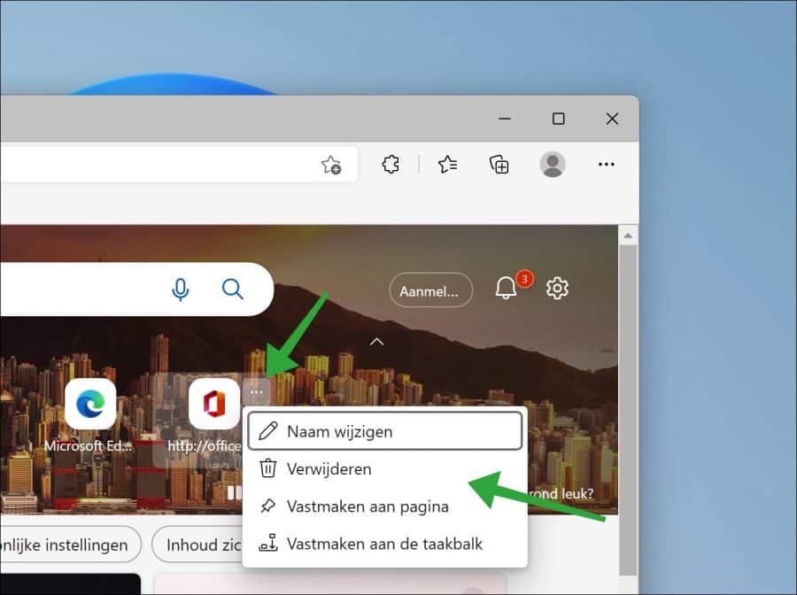 Snelkoppeling op nieuw tabblad in Edge wijzigen