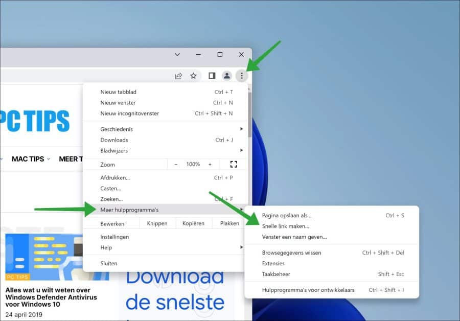 Snelle link maken in Google Chrome browser