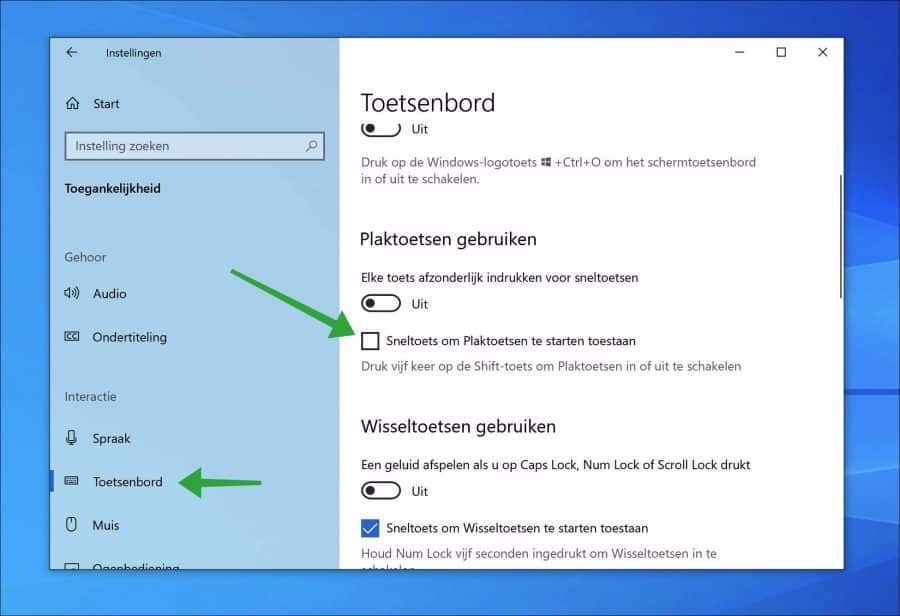 Sneltoets voor plaktoetsen uitschakelen in Windows 10