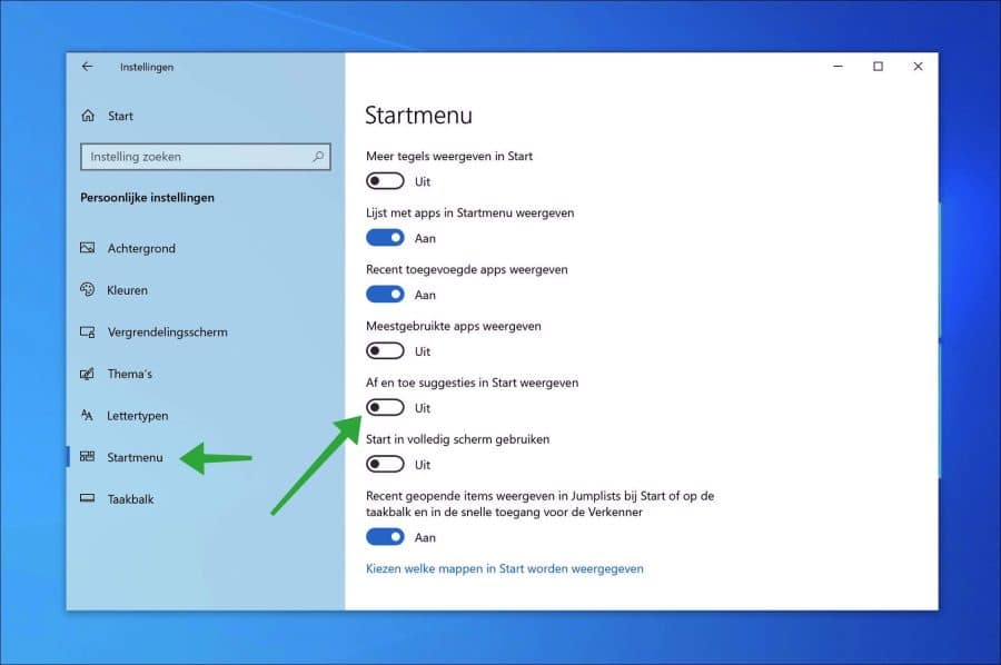 Suggesties in Start menu uitschakelen