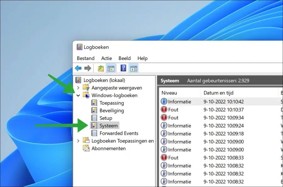 Systeem gebeurtenissen in het Windows-logboek