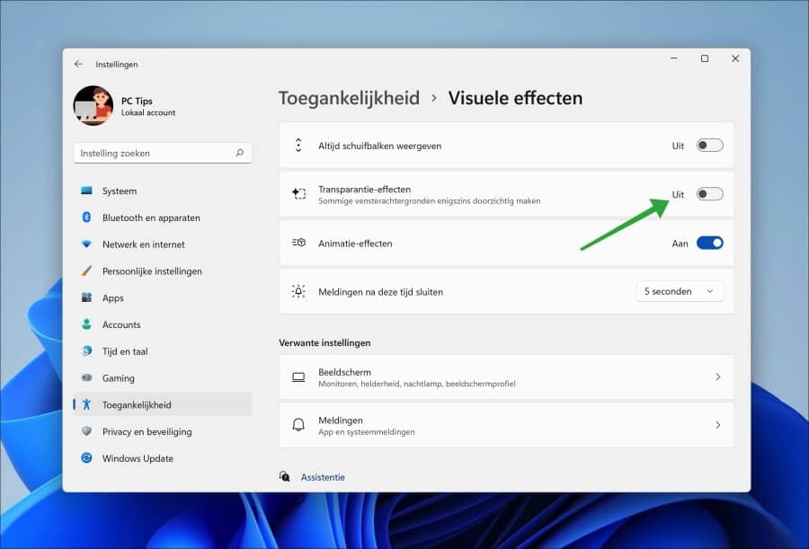 Transparantie effect uitschakelen in Windows 11