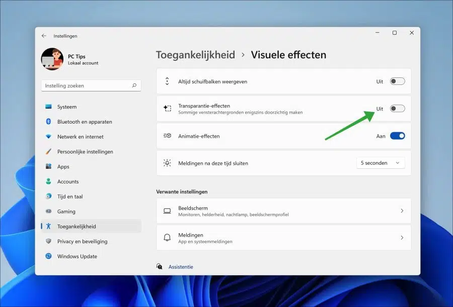 Transparantie effect uitschakelen in Windows 11