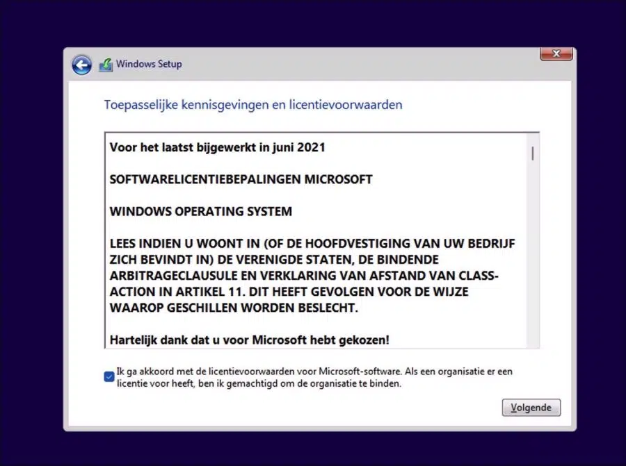 Windows 11 voorwaarde accepteren