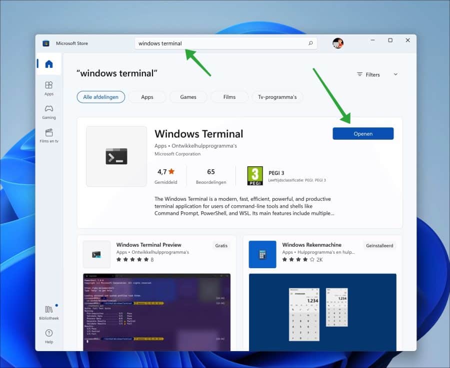Windows Terminal opnieuw installeren via de Microsoft Store