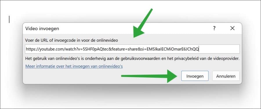 Youtube video url invoegen