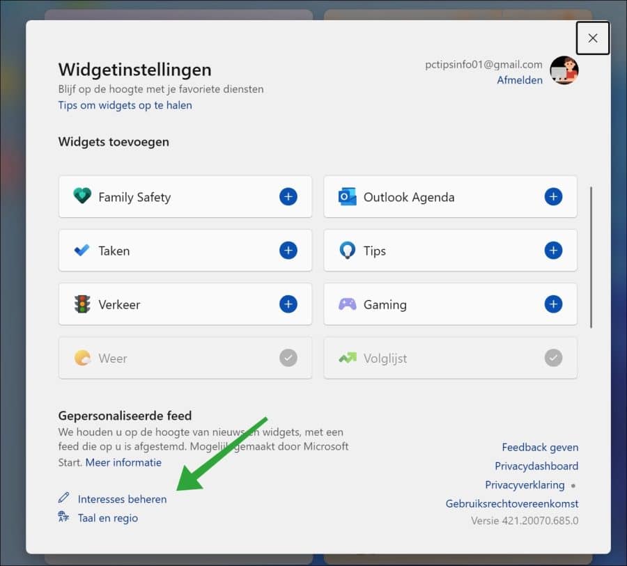 widgets interesses beheren