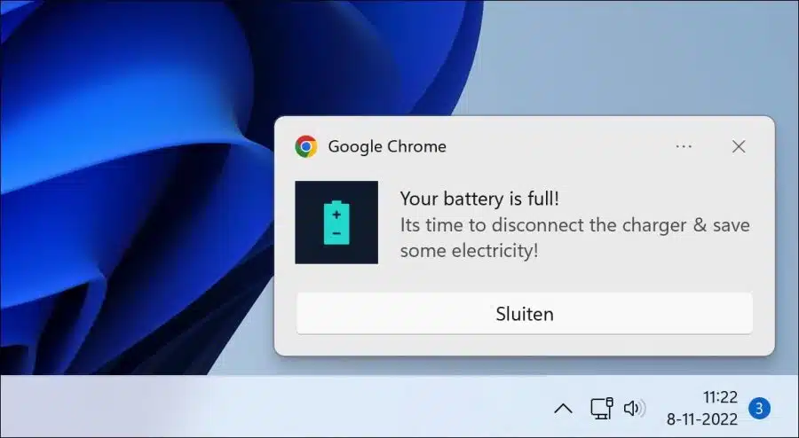 Battreminder bericht dat de batterij vol is