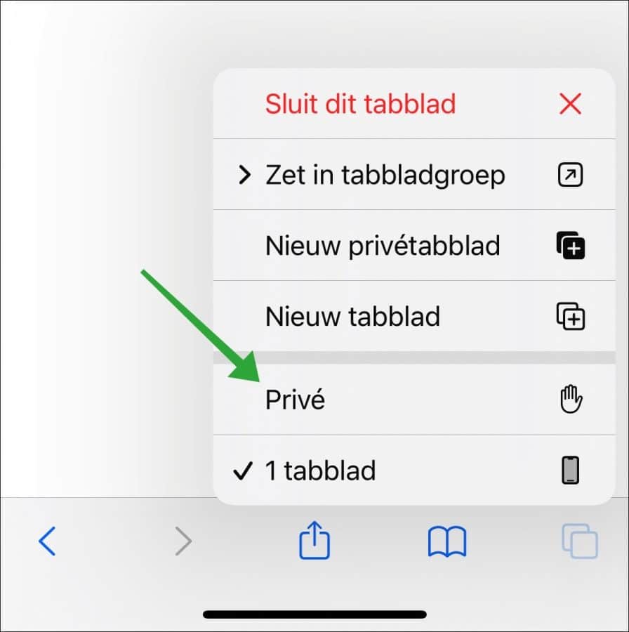 Bestaand tabblad omzetten naar privetabblad in Safari