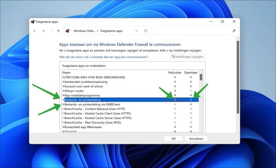 Bestands- en printerindeling toestaan in de Windows Firewall