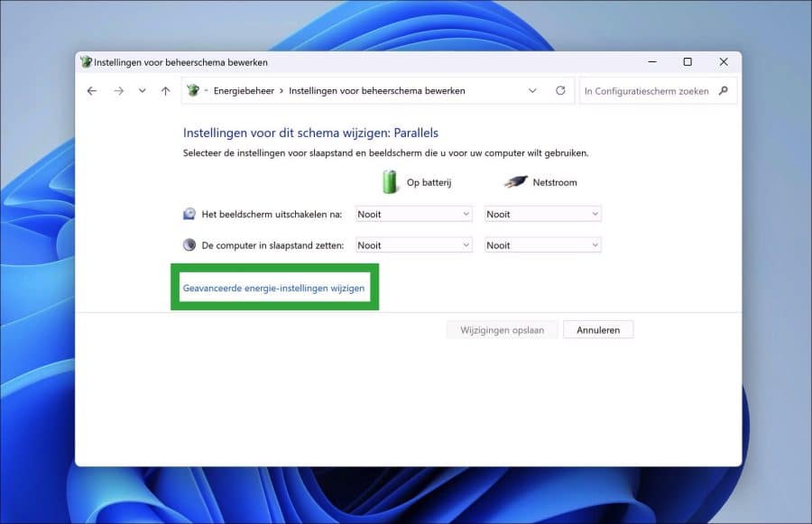 Geavanceerde energie-instellingen wijzigen