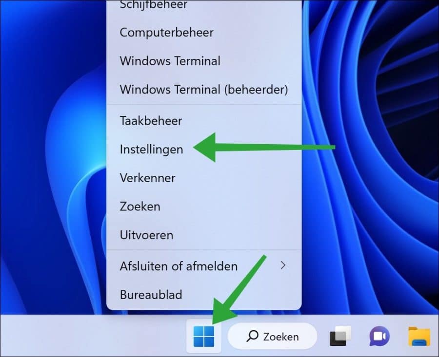 Abrir configuración a través de los accesos directos del menú Inicio