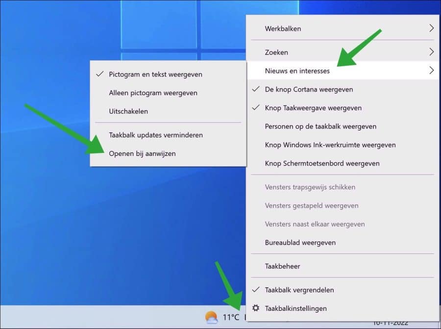 Openen bij aanwijzen van widget in de taakbalk uitschakelen