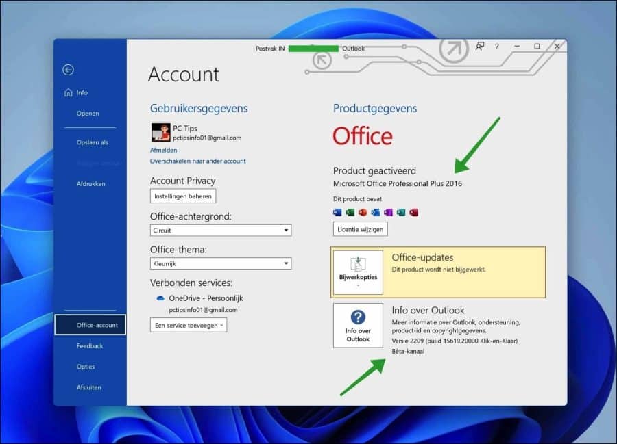 Outlook versie informatie