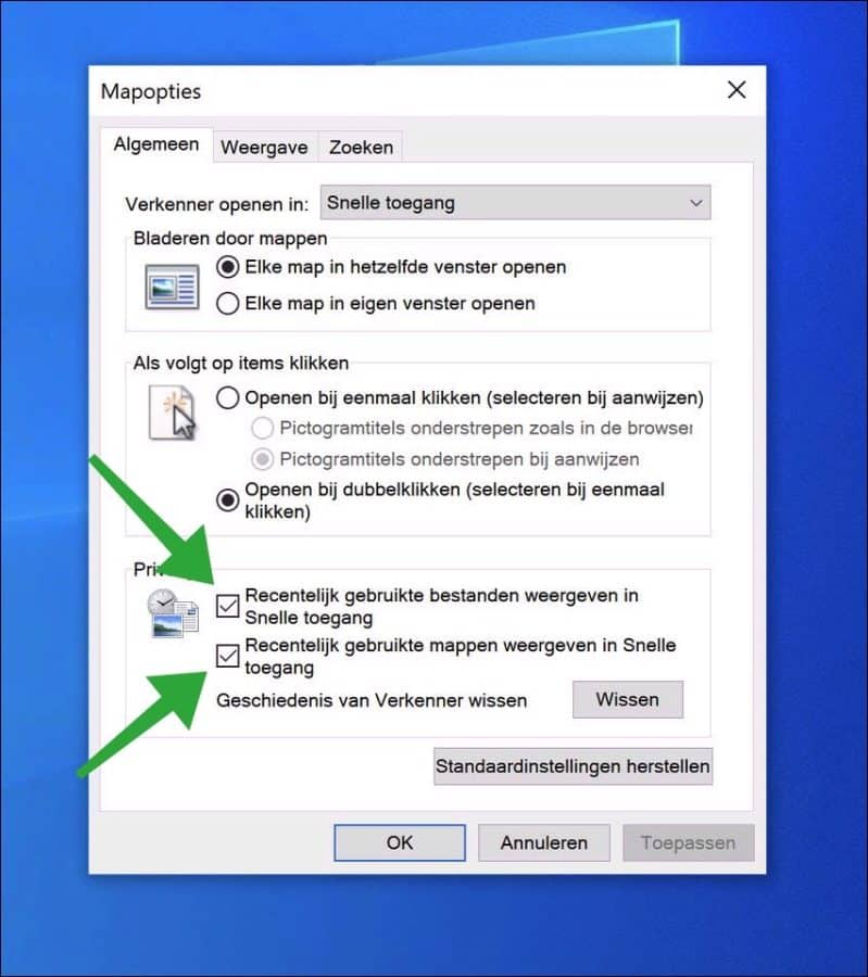 Recente bestanden en mappen uitschakelen in de windows verkenner