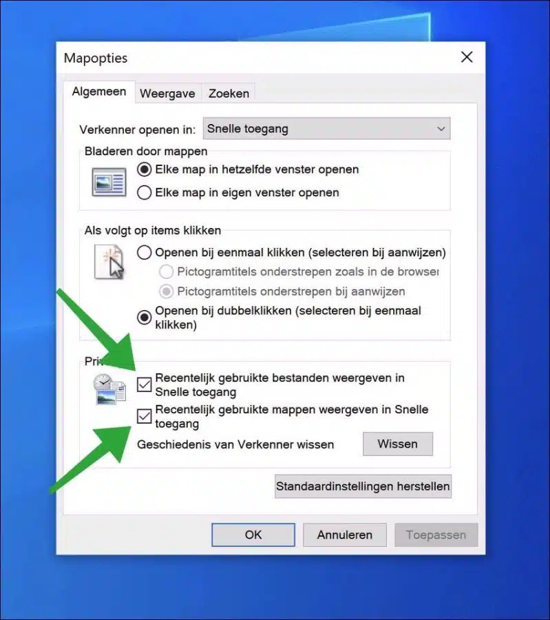 Recente bestanden en mappen uitschakelen in de windows verkenner