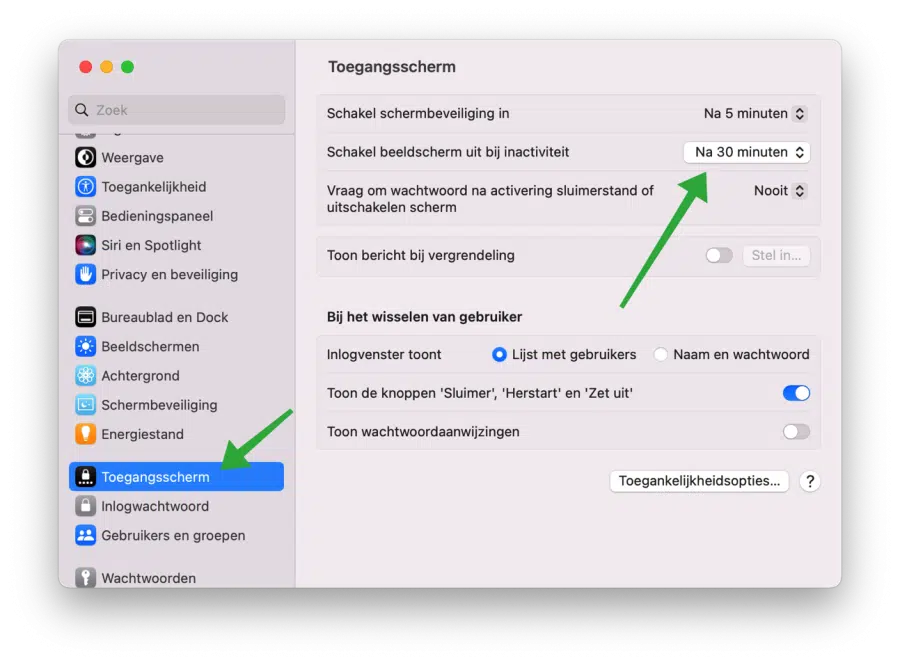 Schakel beeldscherm uit bij inactiviteit wijzigen