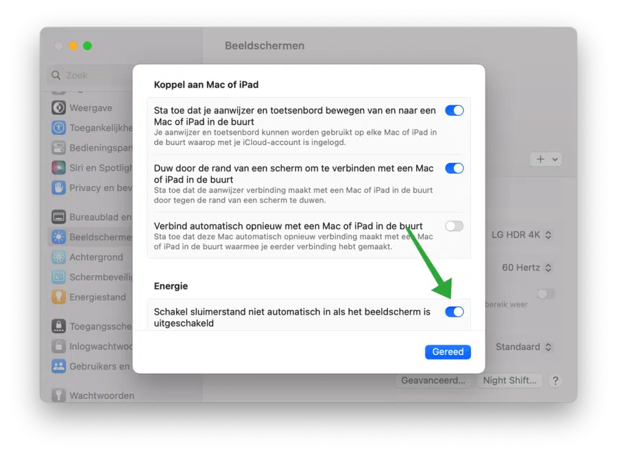 Schakel sluimerstand niet automatisch in als het beeldscherm is uitgeschakeld