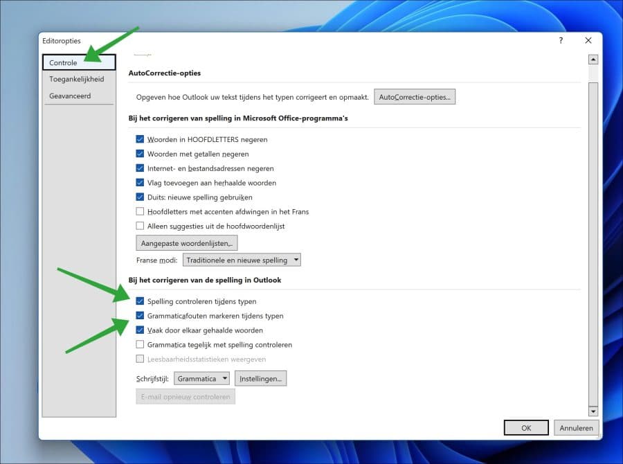 Spellingscontrole tijdens het typen en grammaticafouten markeren tijdens typen