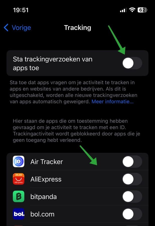 Sta trackingverzoeken van apps toe of niet