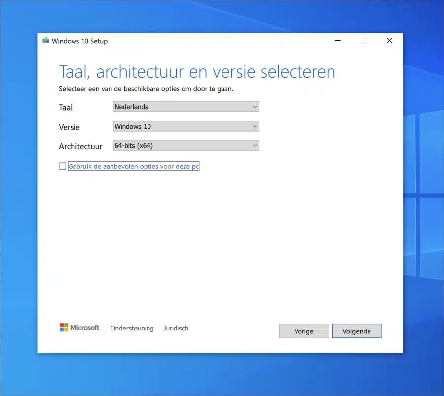 Taal architectuur en versie selecteren