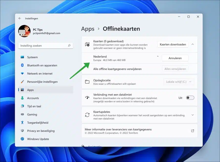 Voortgang offlinekaarten downloaden